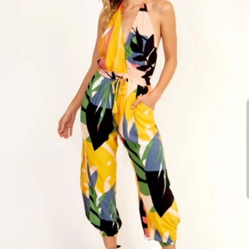 Colorful print halter jumpsuit with split legs